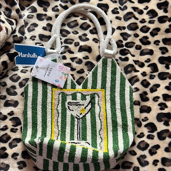 Handbags - Green Striped Beaded Tote with Martini Design